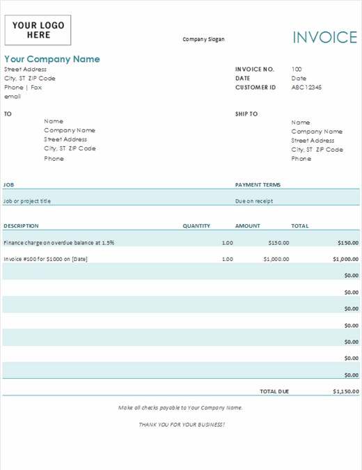 Blue Finance Charge Invoice Template Excel