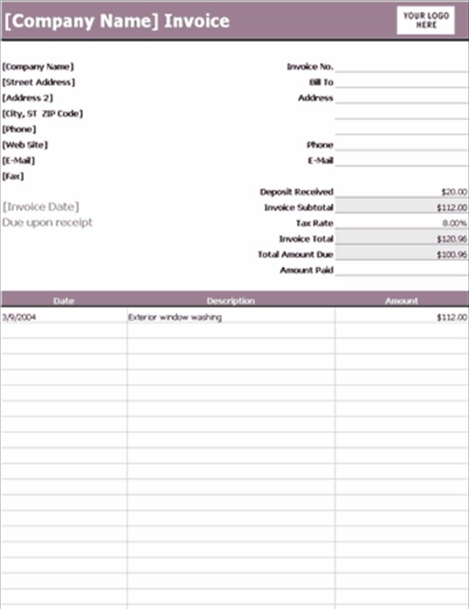 Deposit Deduction Invoice composition Excel