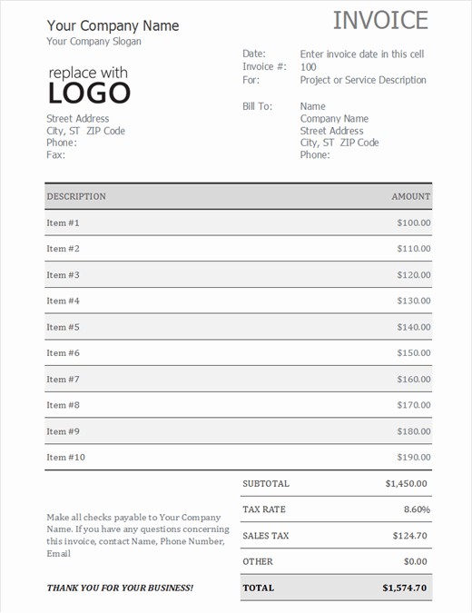 Excel Invoice Template with sales tax