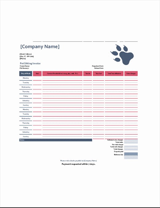 Pet Sitting Invoice Template Excel
