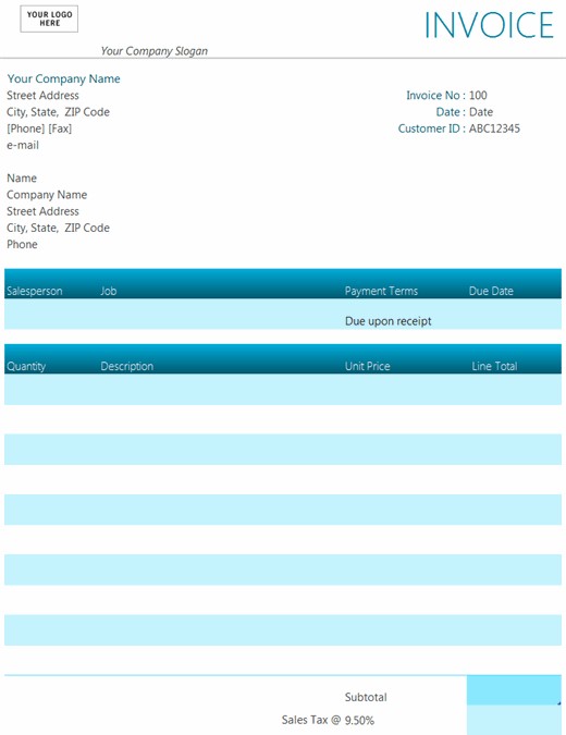 Professional Light Blue Invoice Template Excel