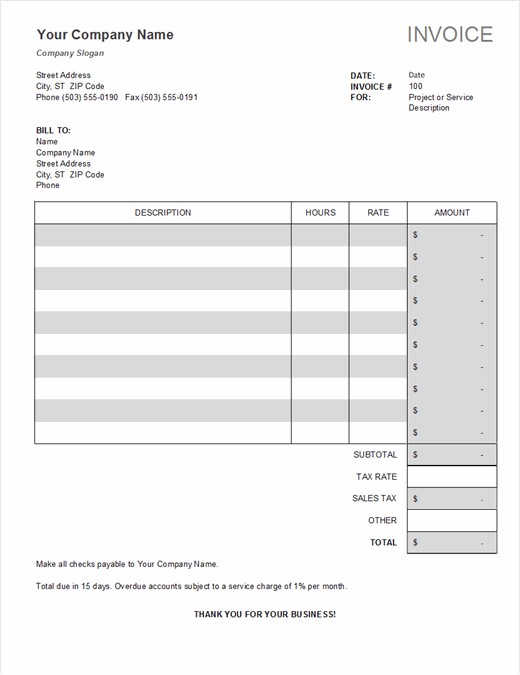 Time Based Service Invoice Template for Excel with Tax Calculation