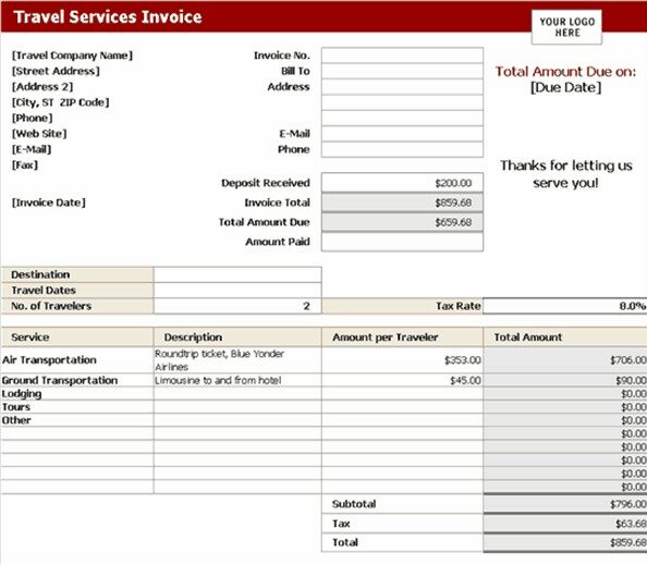 Travel Services Invoice Template Excel
