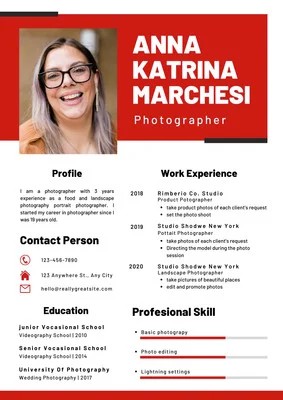 Attractive Resume Template College Photographer Red