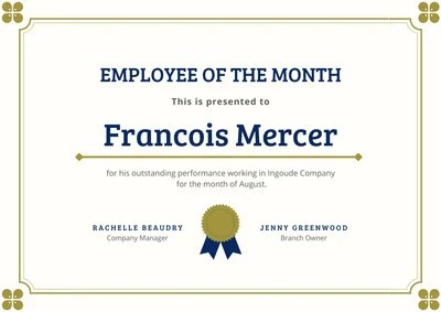 Gold and Navy Classic Employee of The Month Certificate