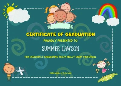 Green Teal Kids Illustration Graduation Certificate