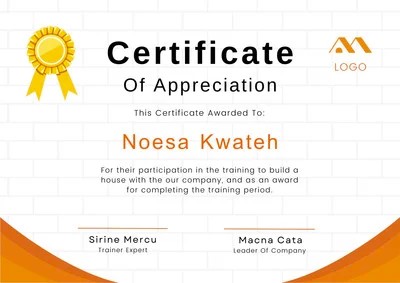 Orange White Minimalist Training Appreciation Certificate