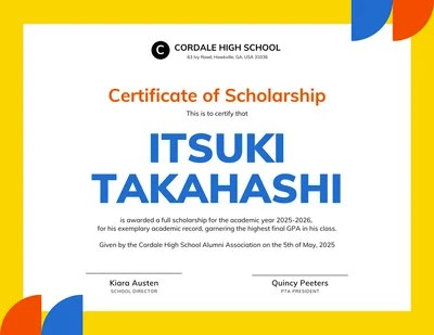 blue orange certificate of High school scholarship