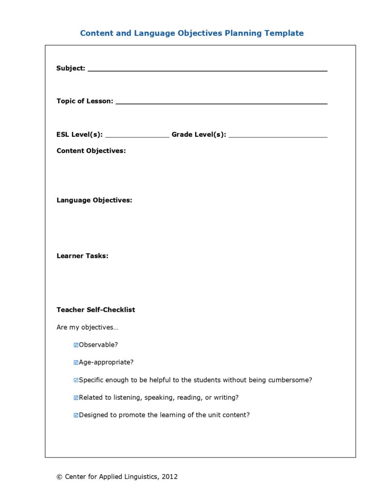 content and language objectives planning template
