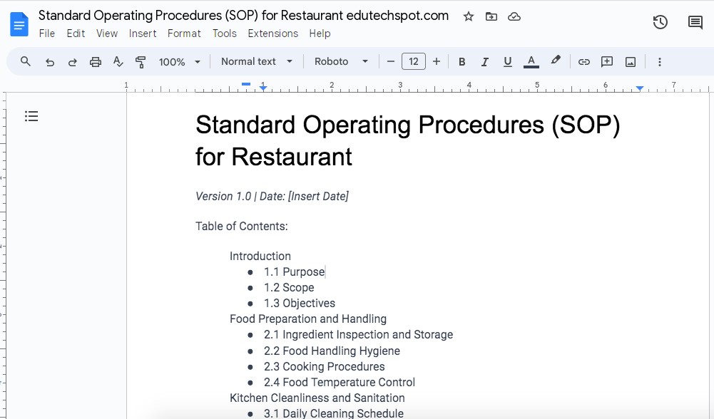 restaurant standard operating procedure template free