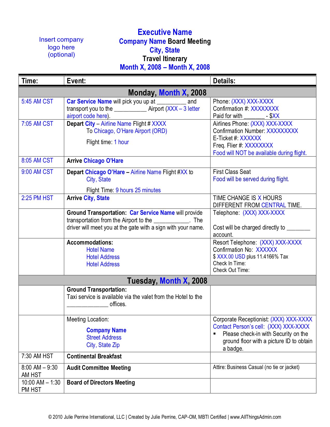 Travel Itinerary Template Word [ FREE ] - Edutechspot .com