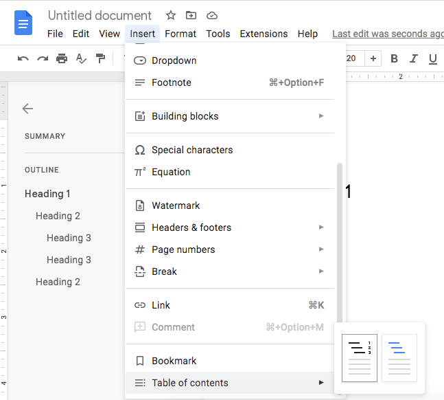 Adding table of content in Google Docs