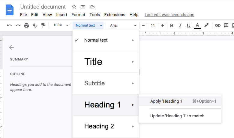 Creating Heading 1 in Google Docs for Table of Content