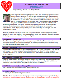 February Preschool Newsletter Examples