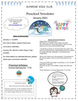 January Preschool Newsletter Example