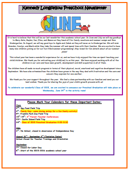 June Longview Preschool Newsletter Examples
