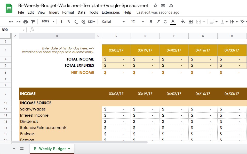Bi-Weekly Budget Template Google Spreadsheet