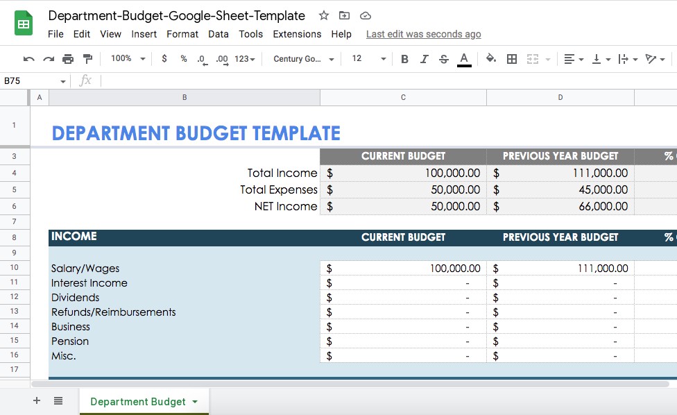 Department Budget Template Google Sheet