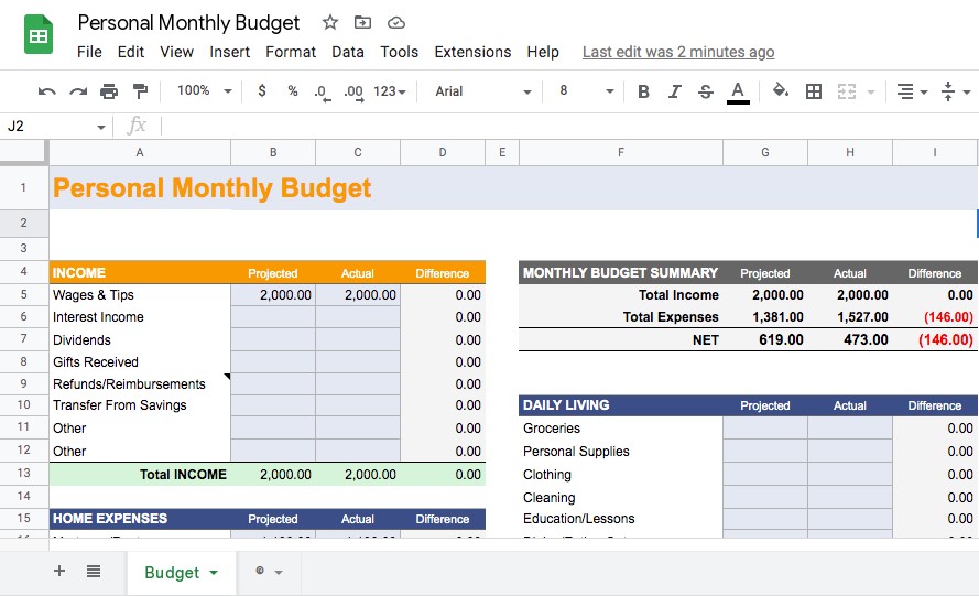 Personal Monthly Budget