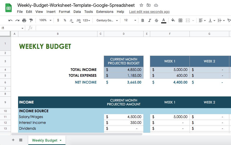 weekly budget template google sheet