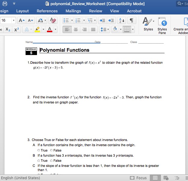 editable polynomial functions worksheet doc word