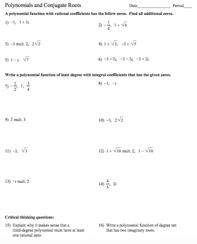 polynomial conjugate roots with rational coefficients find additional zeros Find Polynomial of Least Degree Worksheet PDF