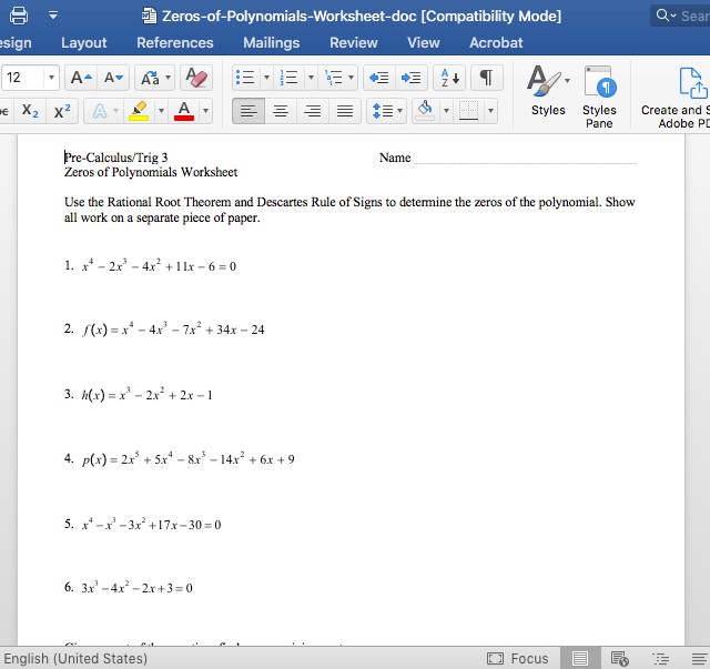 pre calculus zero polynomials worksheet rational root theorem