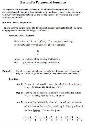 zeros of a polynomial function linear factor theorem rational zeros integer coefficient 