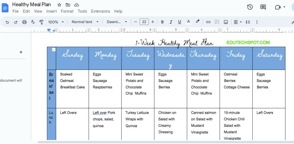 Healthy Weekly Meal Plan Google Docs
