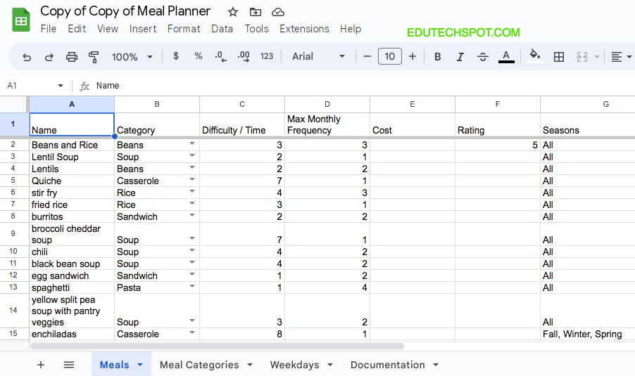Meal Planner with Category and Difficulty for Daily and monthly