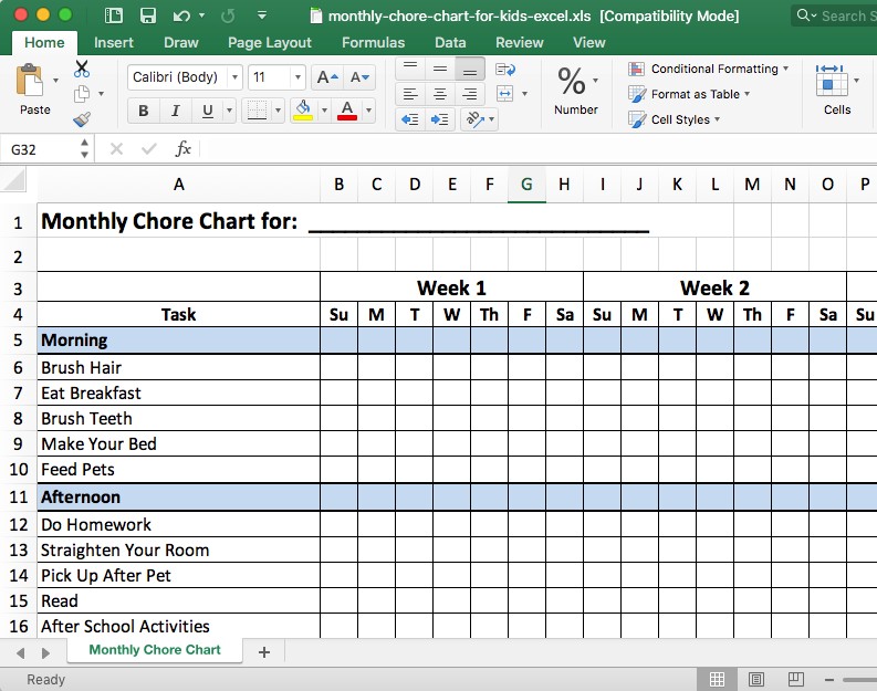 chore chart template excel