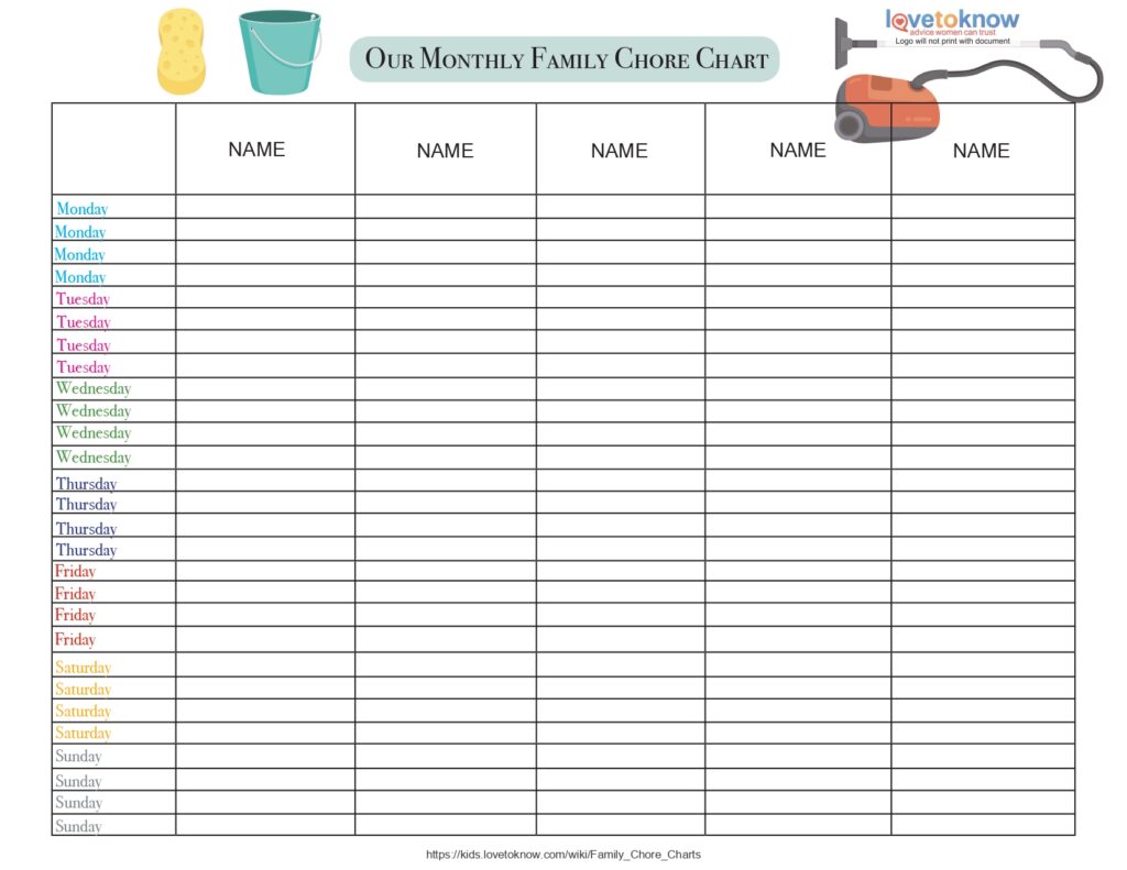 fillable and editable monthly family chore chart template