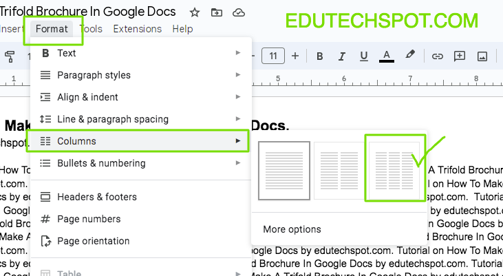 create three columns to make trifold brochure in google docs