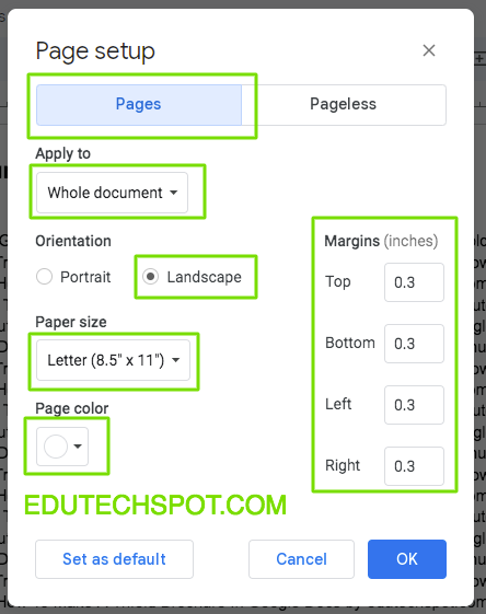 page setup parameters to make brochure in google docs