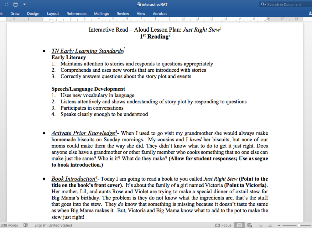 interactive read aloud lesson plan template word