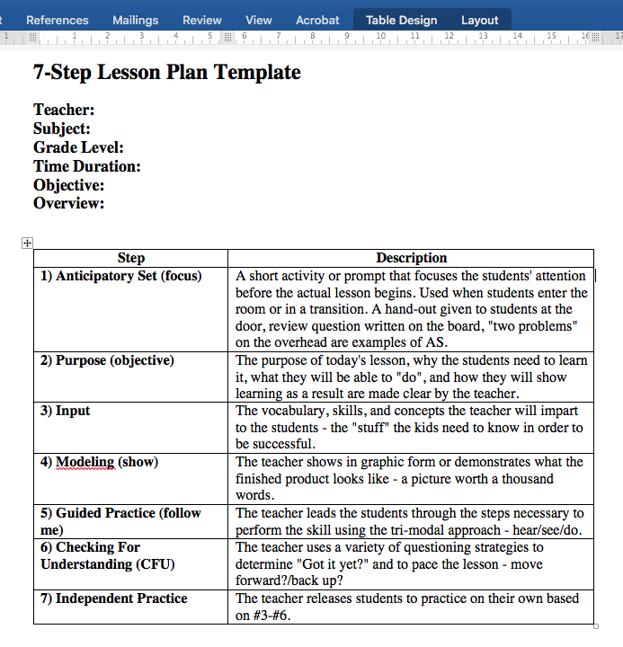 7 step lesson plan template in word