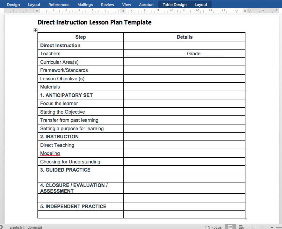 Direct Instruction Lesson Plan Template 5 Steps