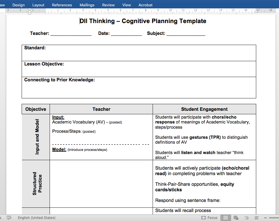 Direct Instruction Lesson Plan Template with cognitive thinking