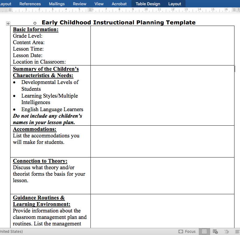 Early Childhood Instructional Planning Template