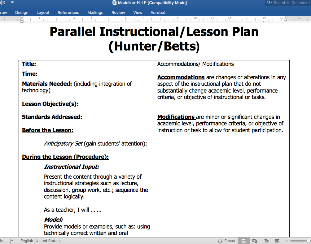 Madeline hunter and betts lesson plan template in word