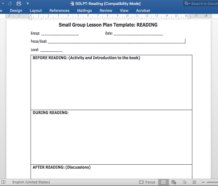 Small Group Lesson Plan Template READING