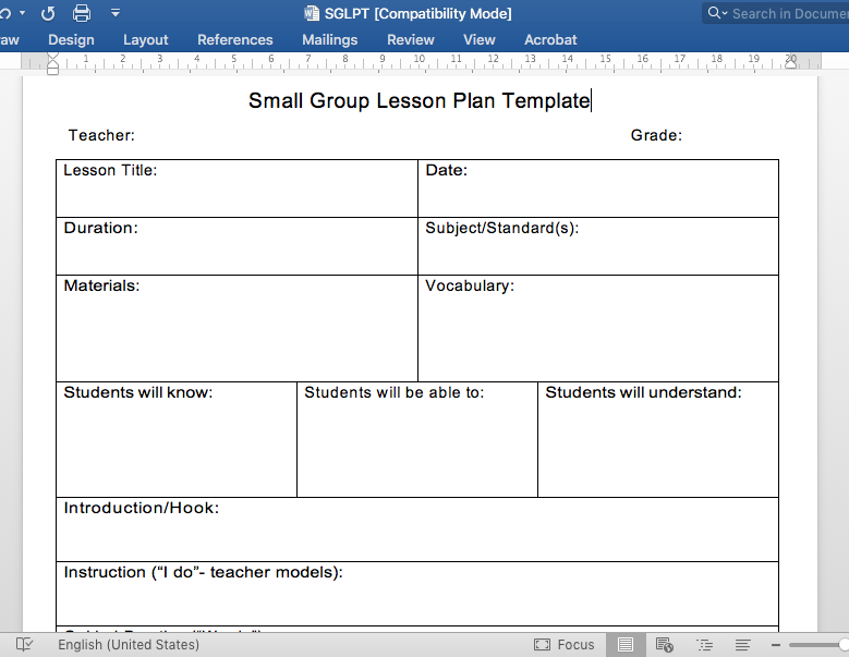 Small Group Lesson Plan Template for grade 1 to 10