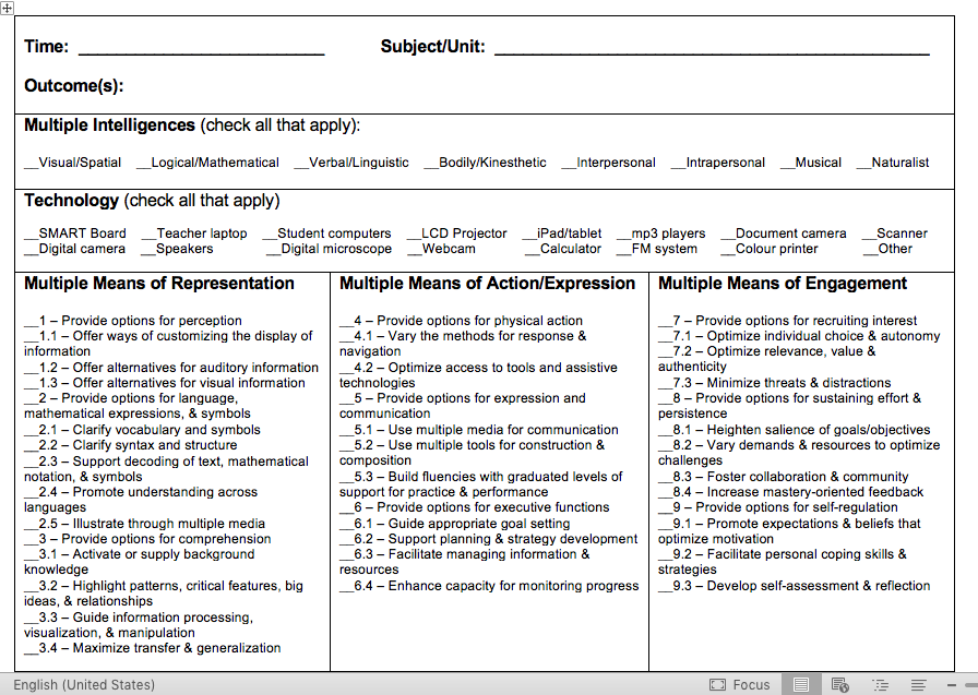 Universal Design For Learning Lesson Plan Template Edutechspot