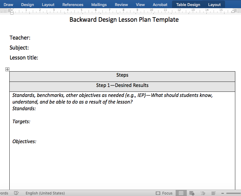 Backward Design Lesson Plan Template