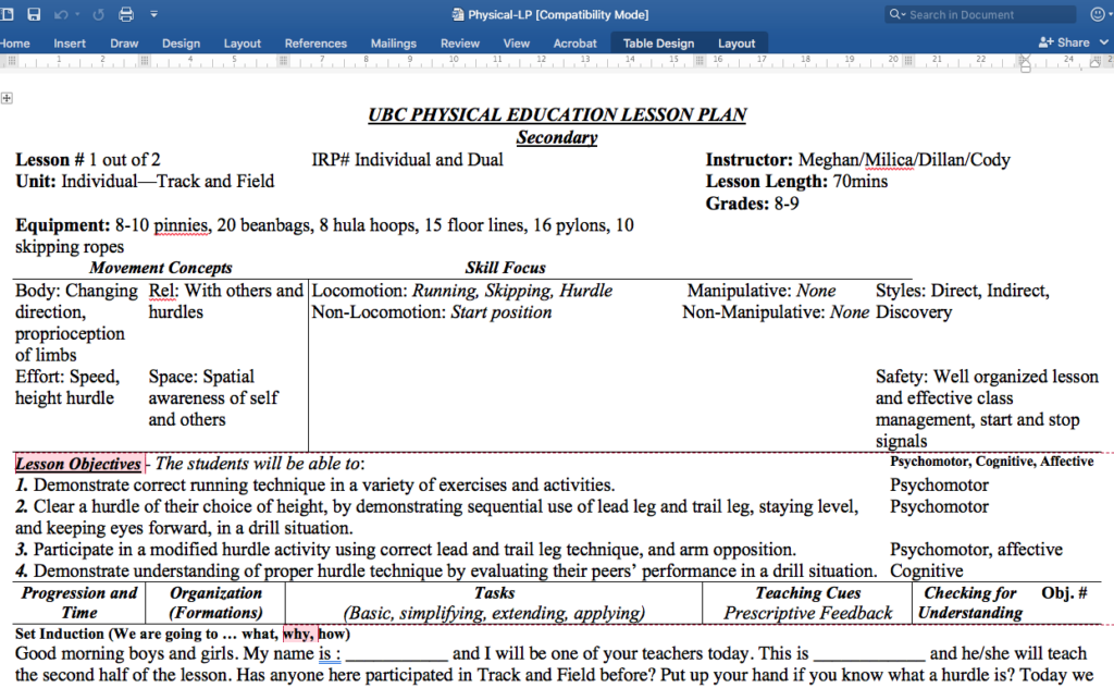 physical education lesson plan template in word