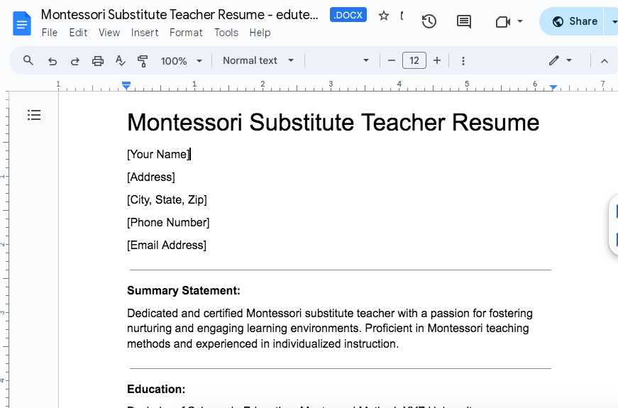 Montessori Substitute Teacher Resume - edutechspot.com