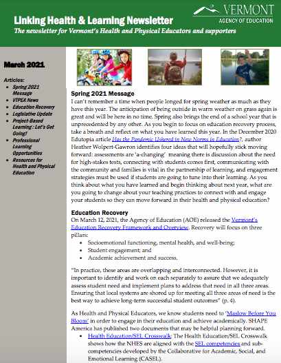physical education newsletter and samples vermont